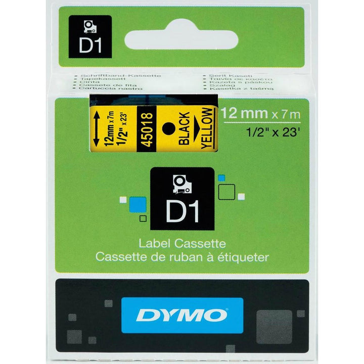 Dymo industrial heat-shrink tube label tape in a retail box. The packaging is black, white, and yellow, with text indicating 9 mm x 1.