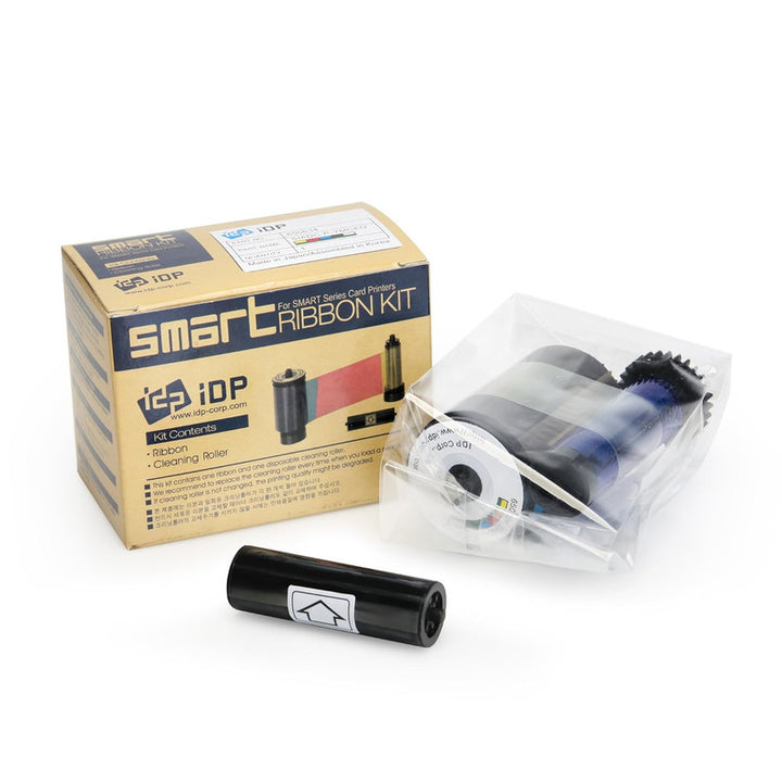 IDP YMCKO Ribbon (Yellow, Magenta, Cyan, Black and Overlay Panels), 250 Full-Colour Single-Sided Prints, Includes a Cleaning Roller, Compatible with the Smart 30 50 ID Card Printers, 650634