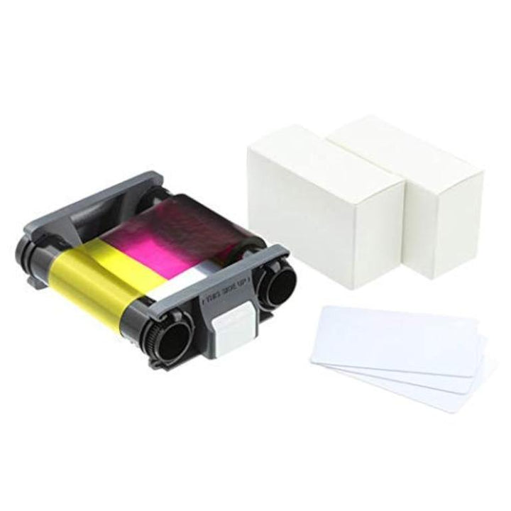 Evolis Badgy Consumables Pack Badgy Consumables Kit, 1 x YMCKO ribbon - 100 prints, 100 blank white PVC CR80 credit sized cards, 30 mil thickness, fits for: Badgy 100 & 20, CBGP0001C