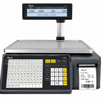 An Aquas L56X label scale digital scale with a stainless steel weighing platform, black control panel, and a printed receipt on the cash drawer, shown on a white background.