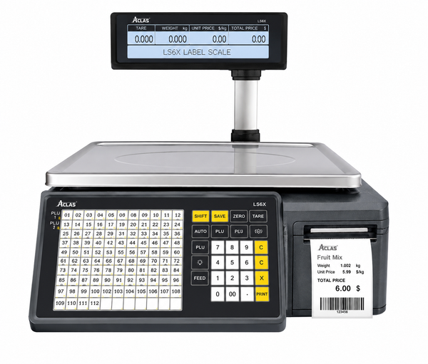 An Aquas L56X label scale digital scale with a stainless steel weighing platform, black control panel, and a printed receipt on the cash drawer, shown on a white background.