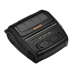 A black Bixolon portable label printer with a textured top cover, orange brand logo, and control buttons on the front, shown on a plain white background.