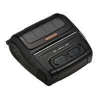 A black Bixolon portable label printer with a textured top cover, orange brand logo, and control buttons on the front, shown on a plain white background.