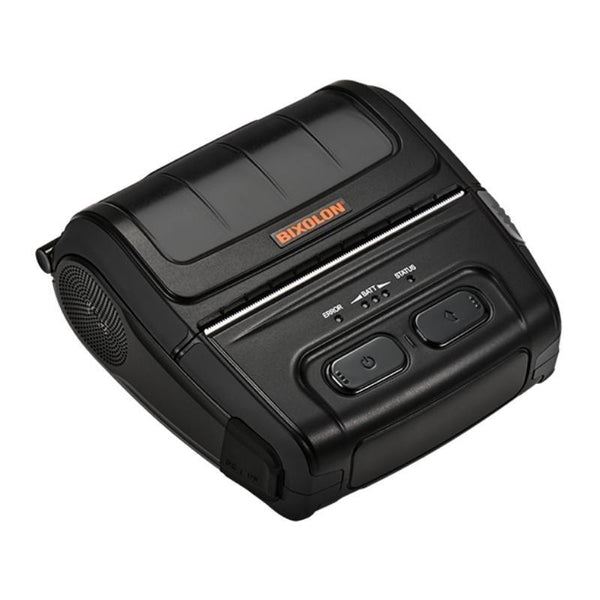 A black Bixolon portable label printer with a textured top cover, orange brand logo, and control buttons on the front, shown on a plain white background.
