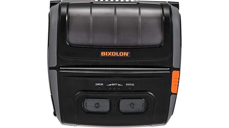 A Bixolon black thermal label printer with an orange logo and an orange side switch, shown against a plain white background.