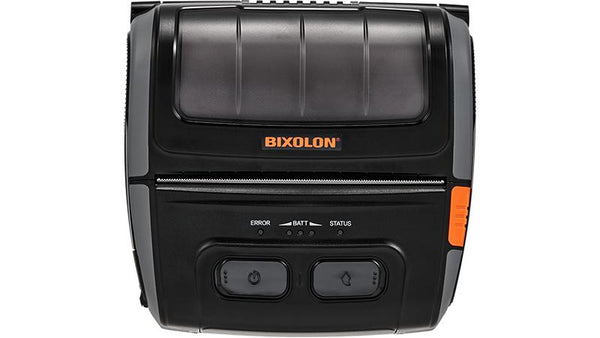 A Bixolon black thermal label printer with an orange logo and an orange side switch, shown against a plain white background.