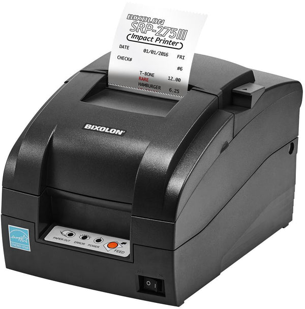 A black Bixolon thermal receipt printer with a paper print roll coming out of the top, shown on a clean white background.