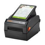 A black thermal label printer with a built-in touchscreen display showing a food safety label interface, featuring orange branding on the front.