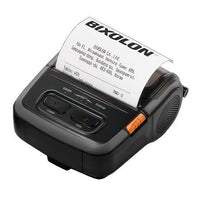 A Bixolon thermal receipt printer with a black and gray body, showing a printed paper receipt coming out of the slot. The printer has a small orange switch on the side and is photographed on a clean white background.