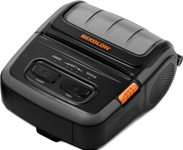 A black Bixolon thermal receipt printer with a paper print roll coming out of the top, shown on a clean white background.