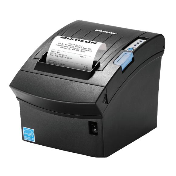 A black GIXOLON thermal receipt printer with a paper roll partially ejected, featuring a blue label window and a blue ENERGY STAR sticker on the front, set against a plain white background.