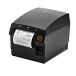 A black thermal receipt printer with a paper roll partially ejected, shown on a clean white background. The printer features a curved top, a front control panel with indicator lights, a prominent orange 'FEED' button, and a slot for receipts.