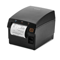 A black thermal receipt printer with a paper roll partially ejected, shown on a clean white background. The printer features a curved top, a front control panel with indicator lights, a prominent orange 'FEED' button, and a slot for receipts.