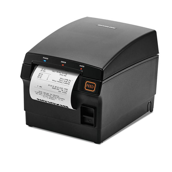 A black thermal receipt printer with a paper roll partially ejected, shown on a clean white background. The printer features a curved top, a front control panel with indicator lights, a prominent orange 'FEED' button, and a slot for receipts.