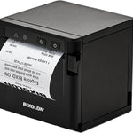 A Bixolon black thermal receipt printer with a white paper print partially ejected, shown on a clean white background.