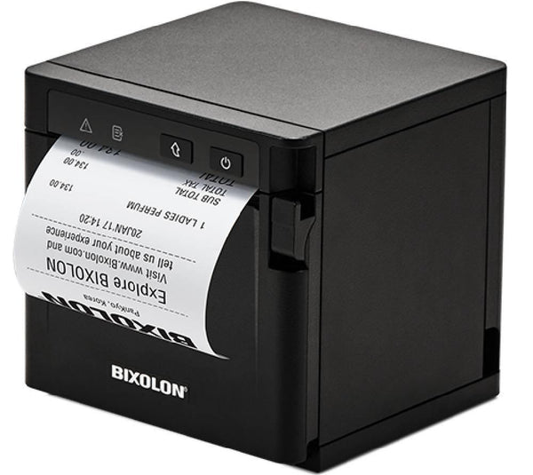 A Bixolon black thermal receipt printer with a white paper print partially ejected, shown on a clean white background.