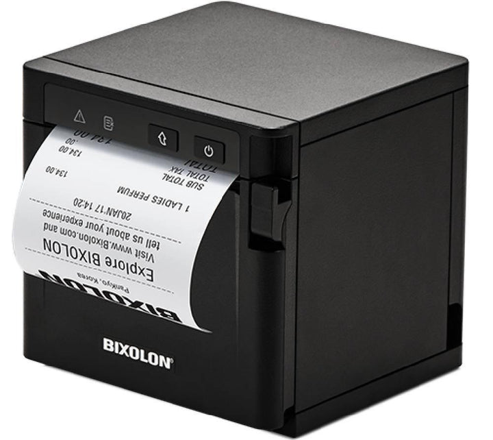 A Bixolon black thermal receipt printer with a white paper print partially ejected, shown on a clean white background.