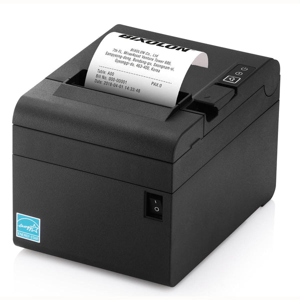 A black Bixolon thermal receipt printer with a paper print roll coming out of the top, shown on a clean white background.