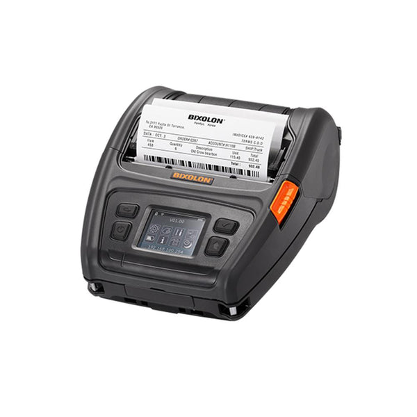 A black Bixolon thermal receipt printer with a paper print roll coming out of the top, shown on a clean white background.