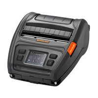 A Bixolon V2.0 barcode scanner printer in dark gray with an orange brand logo and a bright orange emergency stop button, shown on a solid white background.
