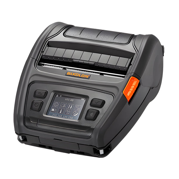 A Bixolon V2.0 barcode scanner printer in dark gray with an orange brand logo and a bright orange emergency stop button, shown on a solid white background.
