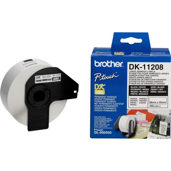 Dymo white plastic label refill tape in its original retail blister packaging, featuring a black tape roll inside a clear plastic casing on a green and white card backing.