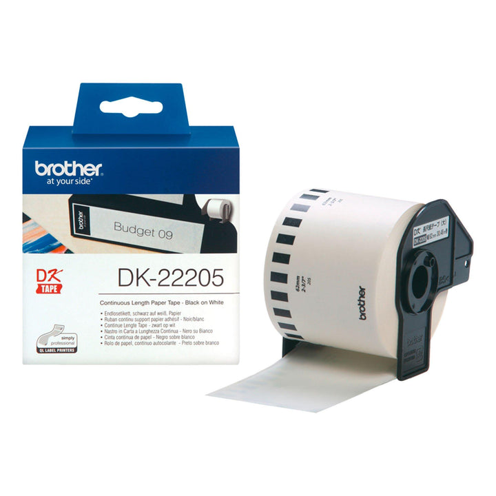 Brother DK-22205 continuous length paper tape roll with a black and white color scheme, shown next to its blue and white retail packaging box.
