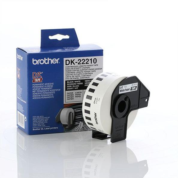 Brother DK-22210 label tape with packaging on a white background