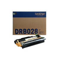 A Brother DRB028 toner cartridge shown in front of its original brown and blue cardboard packaging box on a plain white background.