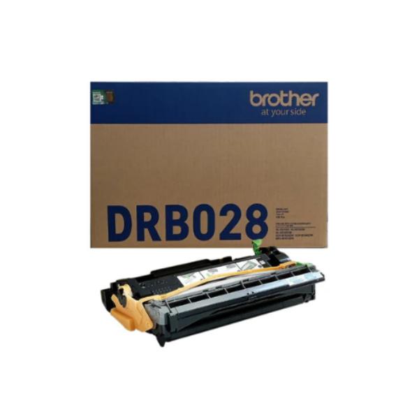 A Brother DRB028 toner cartridge shown in front of its original brown and blue cardboard packaging box on a plain white background.