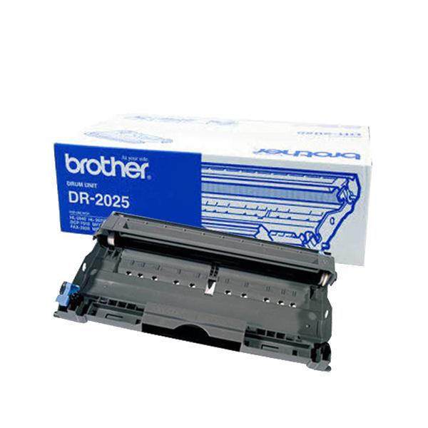 A Brother DR-2025 toner cartridge in front of its original white and blue packaging box, shown on a clean white background.