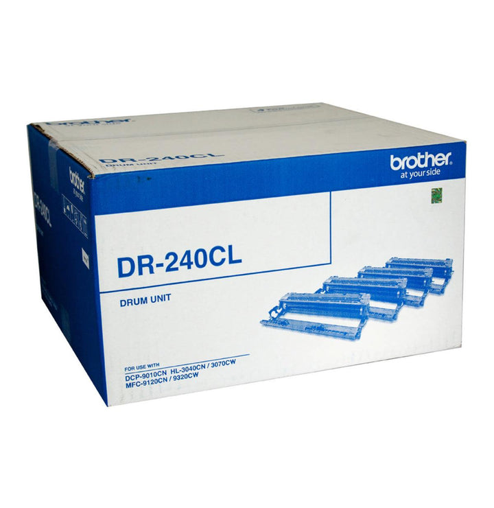 Brother DR-240CL drum unit retail box in blue and white, showing the Brother logo and a printed graphic of the drum unit.