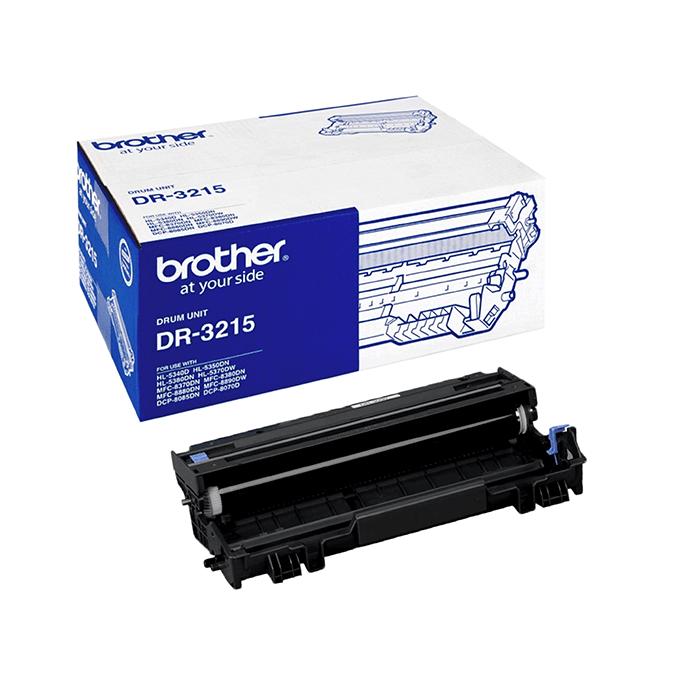 Brother DR-3215 toner drum cartridge shown in front of its white and blue retail box on a plain white background.