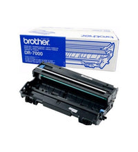 A Brother DR-7000 toner cartridge in black with a teal inner strip, shown in front of its white and blue retail box on a plain white background.