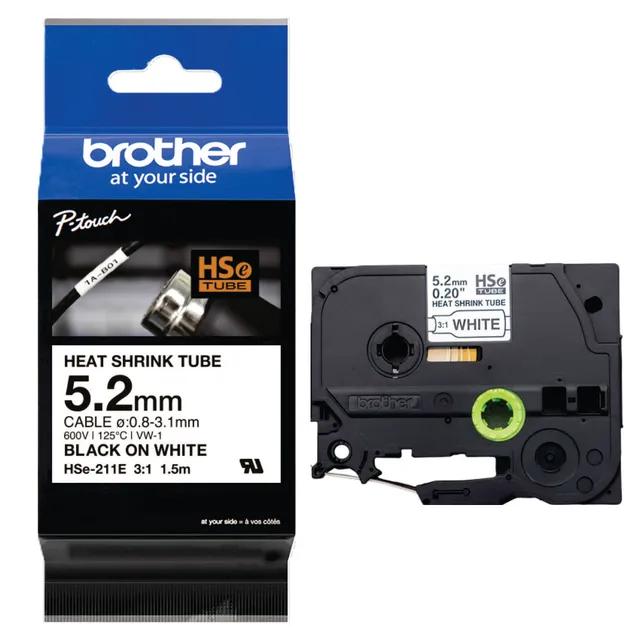 Brother HSe-211E Heat-Shrink Tube 5.2 mm – Black on White, Precision Cable Marking