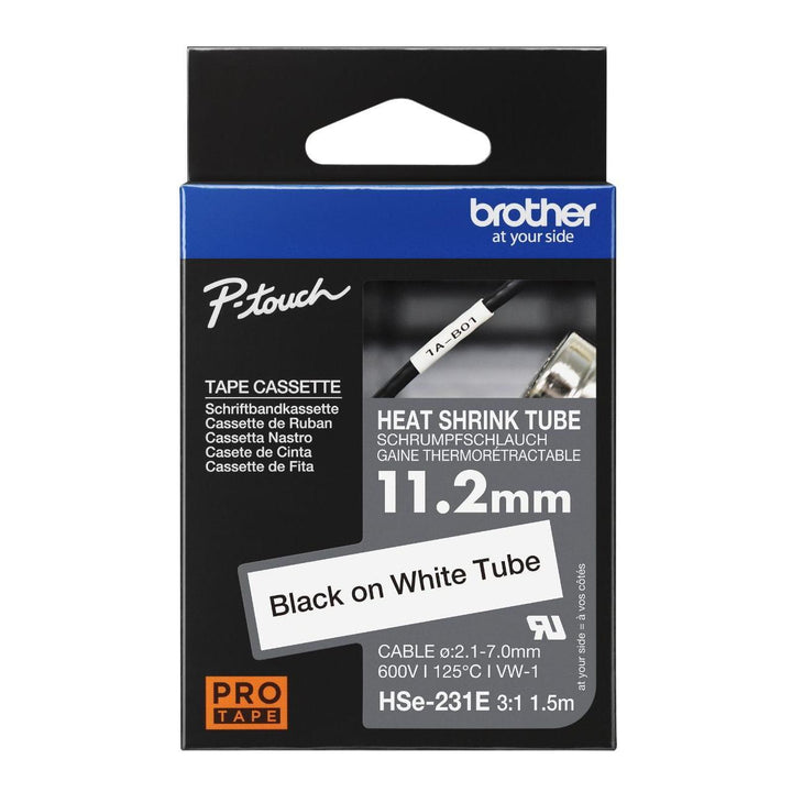 Brother HSe-231E Heat-Shrink Tube 11.2 mm – Black on White, Industrial-Grade Cable Labelling