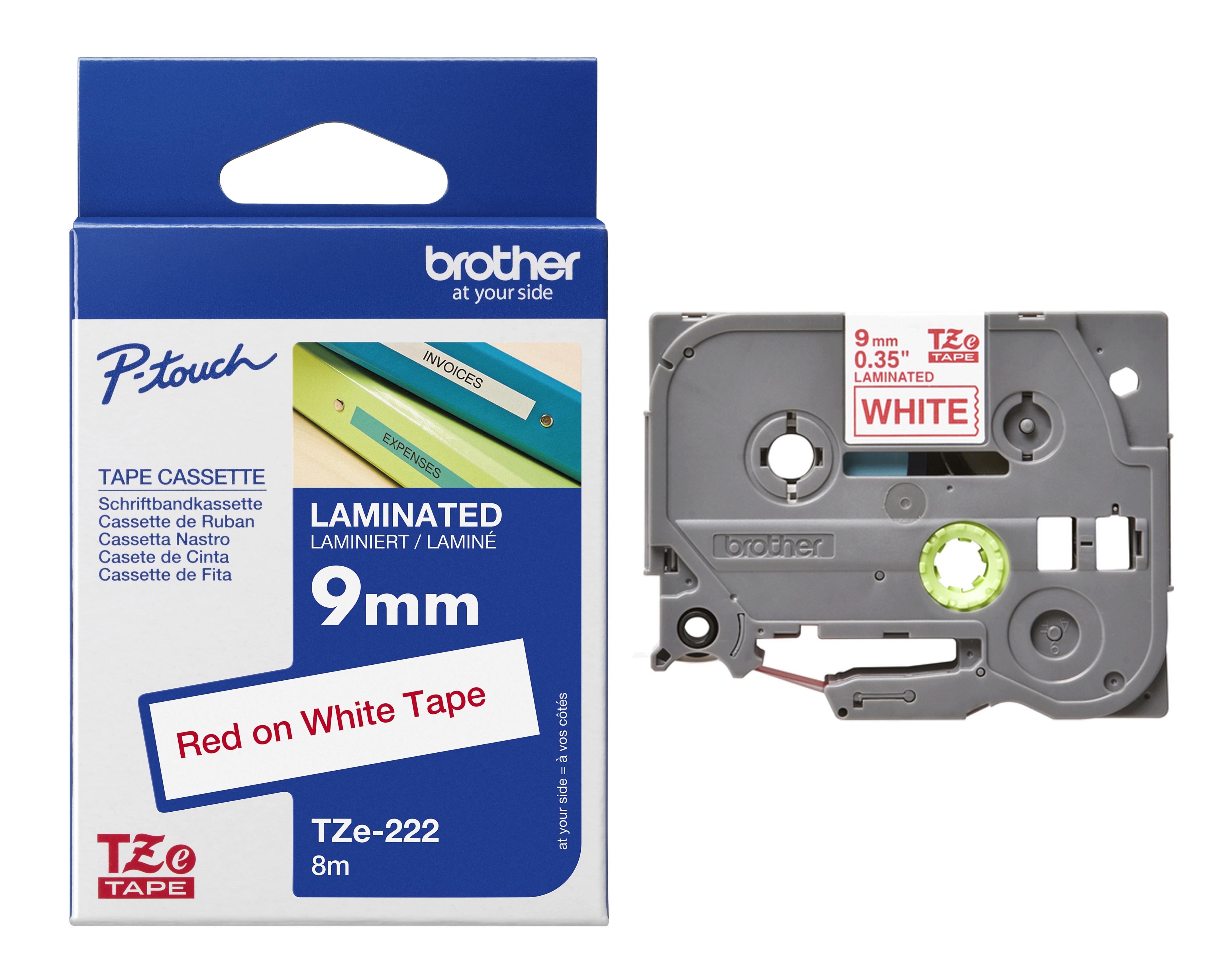 Brother P-touch TZe-222 Label Tape – 9mm Red on White Laminated