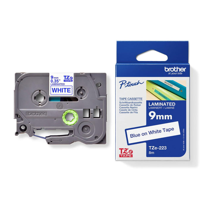Brother P-touch TZe-223 Label Tape – 9mm Blue on White Laminated