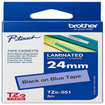 A Brother TZe-551 24mm laminated tape cassette in black, shown next to its blue and white retail packaging box on a white background.