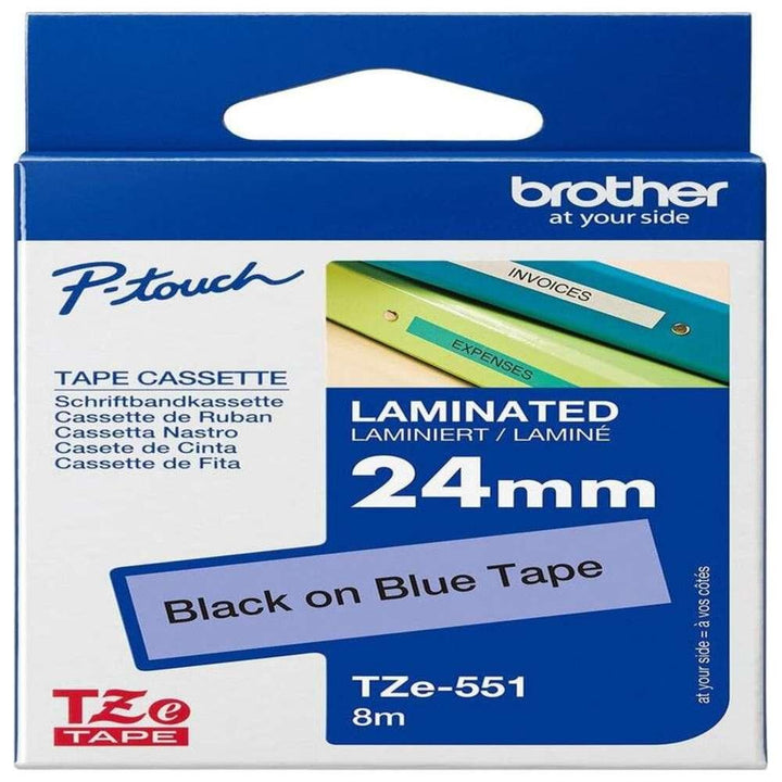 A Brother TZe-551 24mm laminated tape cassette in black, shown next to its blue and white retail packaging box on a white background.