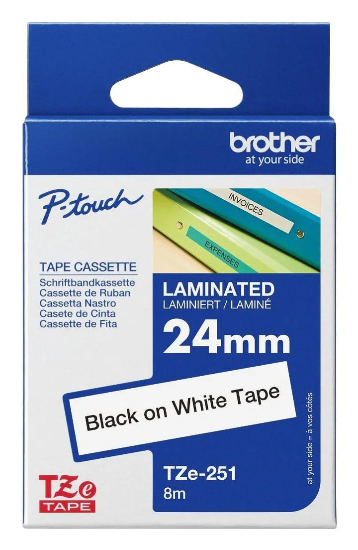 Dymo white plastic label refill tape in its original retail blister packaging, featuring a black tape roll inside a clear plastic casing on a green and white card backing.
