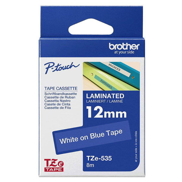 Brother TZe-535 12mm White-on-Blue Laminated Label Tape – 8m Cassette for P-Touch Printers