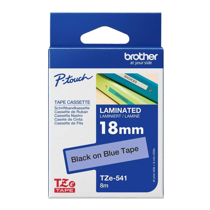 Brother TZe-541 Label Tape – 18 mm Black on Blue, Durably Laminated