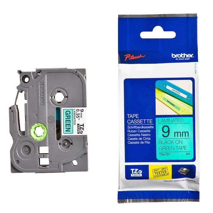 Brother TZe-721 9 mm Black-on-Green Laminated Label Tape – Durable 8 m Roll for P-Touch Printers