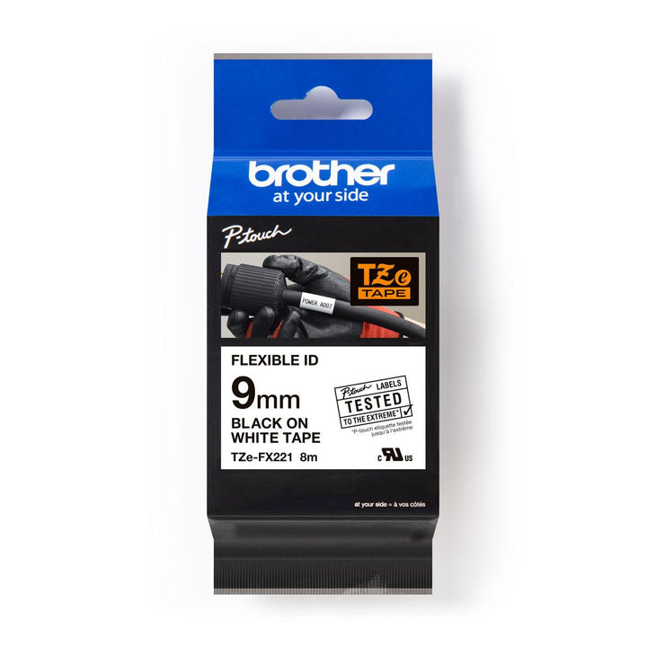 Brother TZe-FX221 Flexible ID Tape 9 mm x 8 m – Black on White – Durable Cable & Wire Labeling
