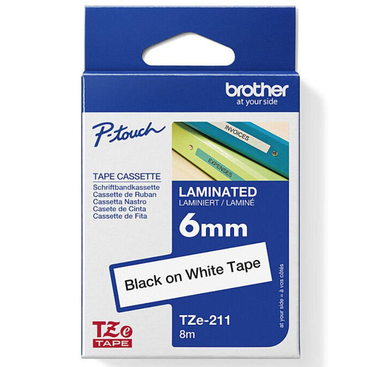 Brother TZe211 6 mm Black-on-White Laminated Label Tape – 8 m Roll for P‑Touch Printers