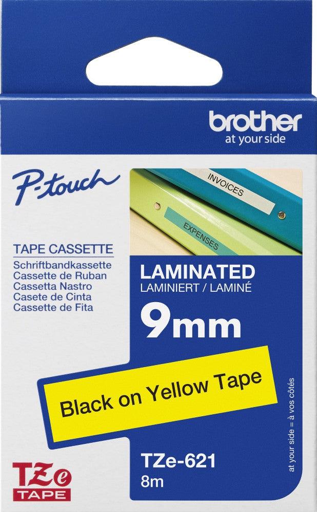 Brother TZe621 9mm Black-on-Yellow Laminated Label Tape – 8m Cassette for P-Touch Printers