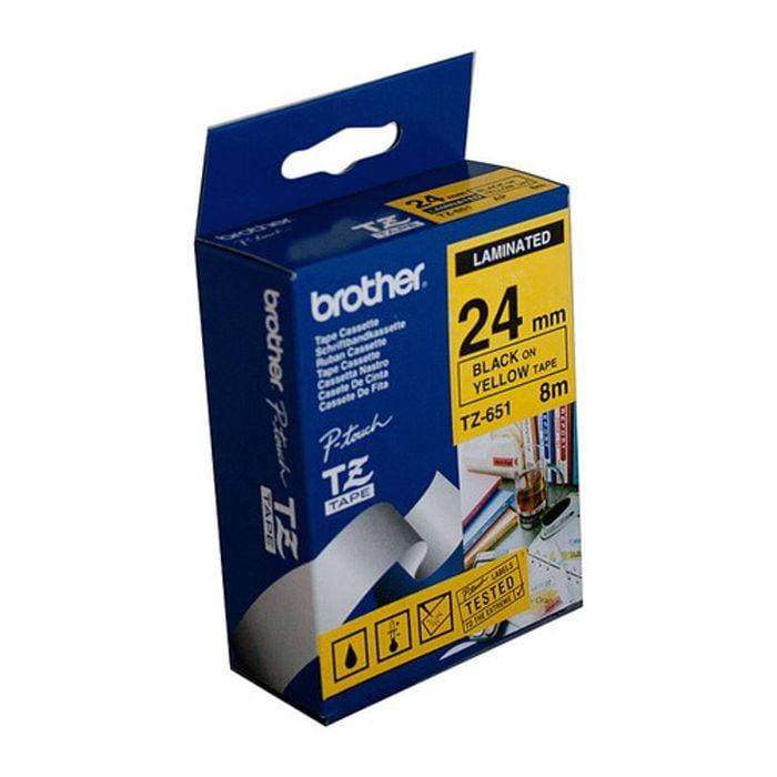 Brother TZe‑651 24 mm Black-on-Yellow Laminated Label Tape – 8 m Roll for P‑Touch Printers