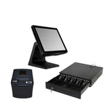 A black ProPOS cash register system with a built-in touchscreen monitor, drawer, key, and a separate receipt printer, shown on a plain white background.
