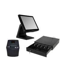 A black ProPOS cash register system with a built-in touchscreen monitor, drawer, key, and a separate receipt printer, shown on a plain white background.